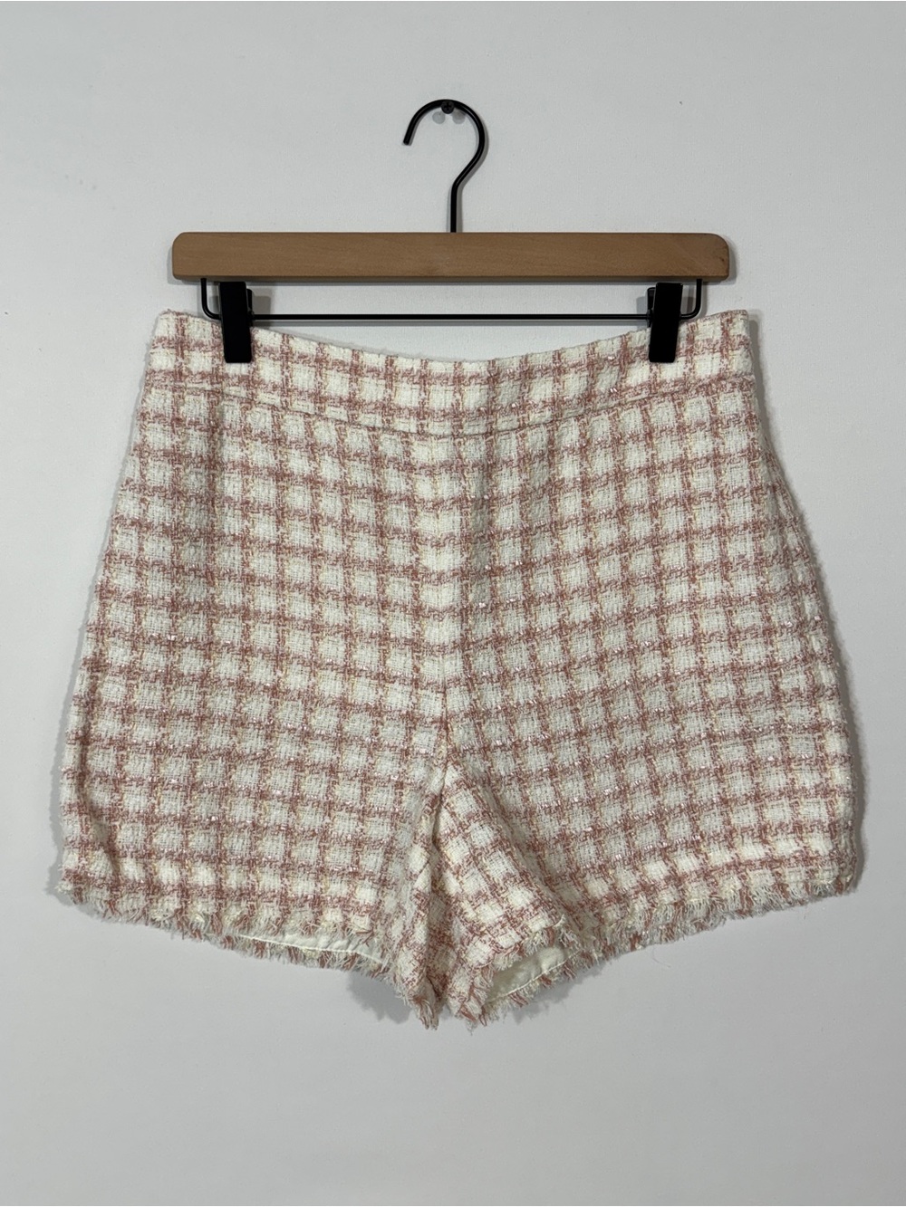 WS27 {Ann Taylor} Pink Off White Tweed Fringe Hem High Waist Dress Shorts